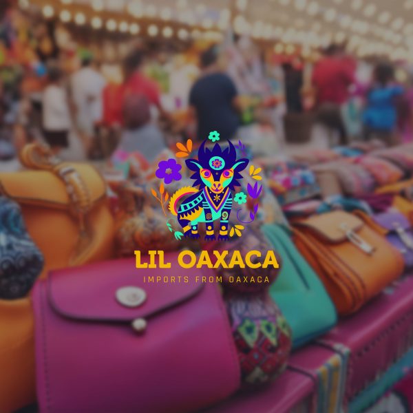 Lil Oaxaca logo displayed in a Mexican flea market scene