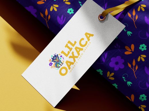 Lil Oaxaca logo on gift tag mockup, featuring brand pattern
